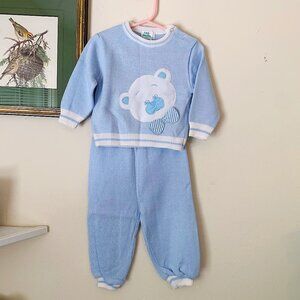Vintage 90s Blue Baby Teddy Bear Sweater Pants Set 18 months